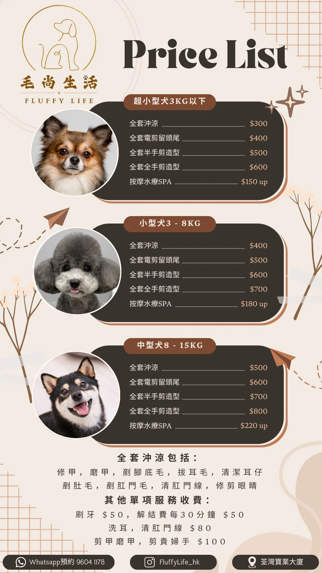 價目表中的灰色貴婦犬,圓潤蓬鬆的毛髮造型